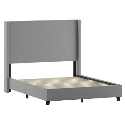 Merrick Lane Modern Platform Bed - Gray Faux Linen - Queen - Padded Wingback Headboard - 8.5" Floor Clearance - Wood Support Slats - No Box Spring Needed