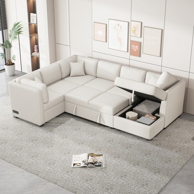 108.6"W Sectional Sofa Couch, Pull Out Sofa Bed with Storage Chaise, USB Ports, Power Sockets, Back Pillows -ModernLuxe