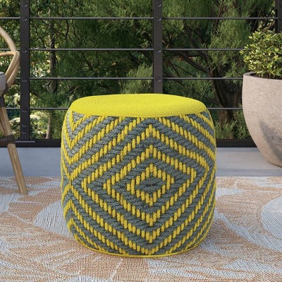Elza Round Woven PET Polyester Pouf Gray/Yellow - WyndenHall: Durable, UV Resistant, No Assembly Required