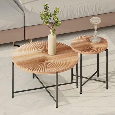 NicBex Natural 2-Piece Round Coffee Table & End Table Set,Distressed Wood Design & Black Metal Legs,Center Table for Living Room