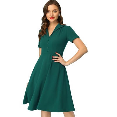 INSPIRE CHIC Women's Vintage Flat Collar V Neck Short Sleeve Belted 1950s Flare Dress