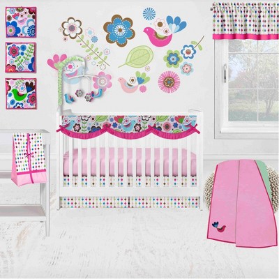Bacati - Botanical Floral Birds Pink Multicolor 10 pc Crib Bedding Set with Long Rail Guard Cover