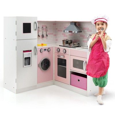 Costway Kids Corner Kitchen Play Set w/ Lifelike Sound & Sparkling Light Gift for Age 3+
