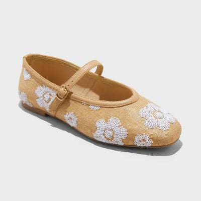 Women's Issa Raffia Floral Sequin Mary Jane Ballet Flat with Memory Foam Insole - A New Day™ Tan