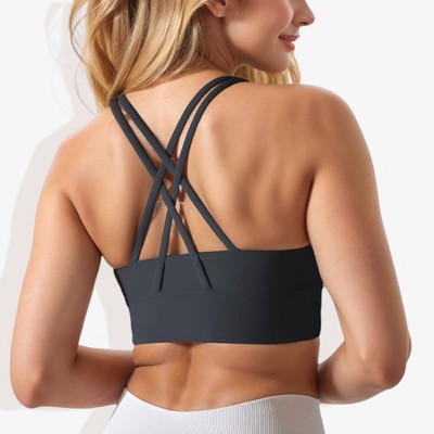 Anna-Kaci Active Women's Scoop Neck Stretchy Cropped Banded Criss Cross Back Sports Bra
