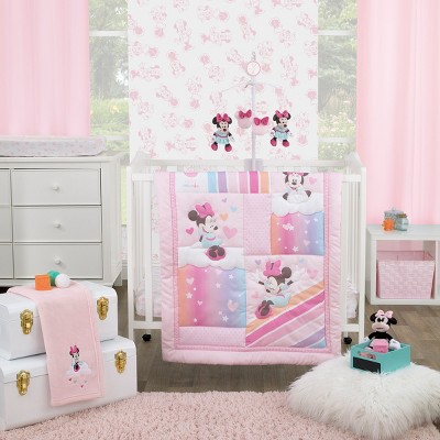 NoJo Disney Minnie Mouse Be Happy Pink Rainbow, Stars, and Clouds 3 Piece Nursery Mini Crib Bedding Set - Comforter and Two Fitted Mini Crib Sheets