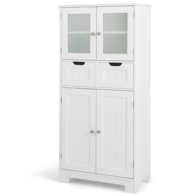 Costway Bathroom Floor Storage Cabinet Kitchen Cupboard with 2 Drawers & Glass Doors White/Gray/Black