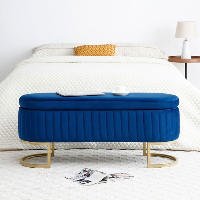 Okak 50" Oval Storage Ottoman Bench w Soft Velvet Upholstered Metal Legs Footrest Stool w Safety Hinge for Living Room, Entryway, Bedroom, Blue