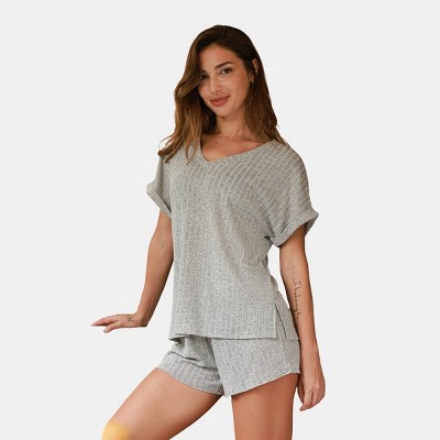 Women's Cozy Ribbed Knit Loungewear Set - Cupshe-XL-Gray