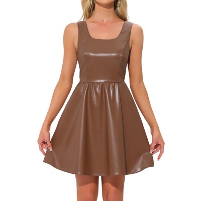 Allegra K Women's Faux Leather Sleeveless A Line Mini Party Tank Dresses