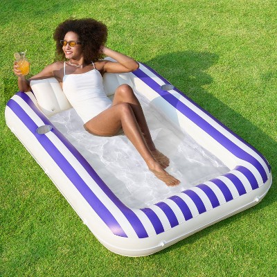 Sloosh Inflatable Suntanning Float Bed with Pillow, Suntan Tub Floatie Raft Tanning Pool for Adult - Navyblue Stripe