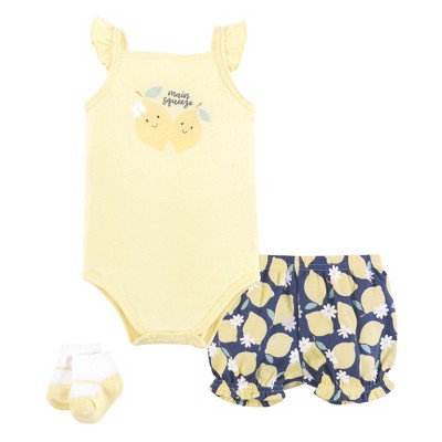 Hudson Baby Infant Girls Bodysuit, Short and Sock, Main Squeeze Lemon