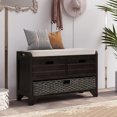 Okak Storage Ottoman Bench with Soft Removable Cushion Storage Footrest Stool Shoe Bench with Removable Basket & 2 Drawers for Entryway, Espresso