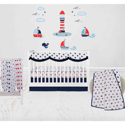 Bacati - Boys Nautical Muslin Whales Boat Red Blue Navy 8 pc Crib Bedding Set with Long Rail Guard Cover