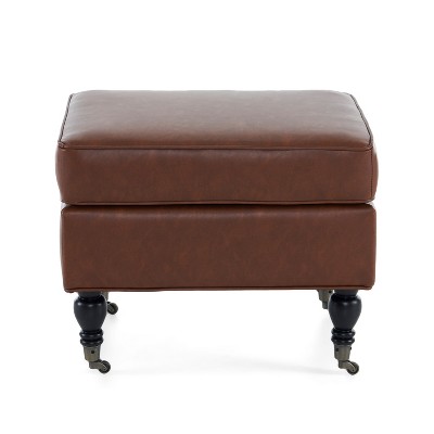 Christopher Knight Home Murphy Faux Leather Ottoman with Rubberwood Legs and Casters, Brown