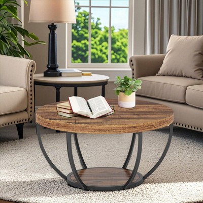 MAYEERTY Wooden Coffee Table, 2-Tier Round Central Cocktail Table with Shelves