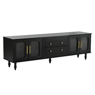 PDTEND Retro Design TV Stand with Fluted Glass Doors, 2 Drawers and Cabinets for TVs Up to 78'', Black