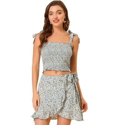 Allegra K Women's Summer Floral Print Smocked Top Mini Skirt Outfit Set 2 Pieces