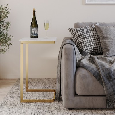 C-Shaped End Table - Real Marble Side Table with Gold Iron Frame for Couch, Loveseat, or Bed - Modern Living Room Furniture by Lavish Home (White)