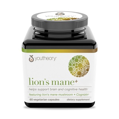 Youtheory Lion's Mane Plus - Mushroom Supplement with Cognizin - Offers Focus & Brain Support* - 60 Vegetarian Capsules