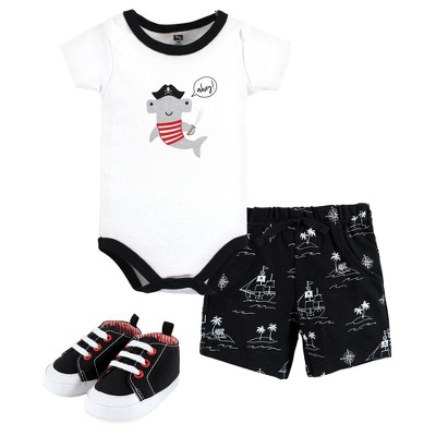 Hudson Baby Infant Boy Cotton Bodysuit, Shorts and Shoe Set, Pirate Shark