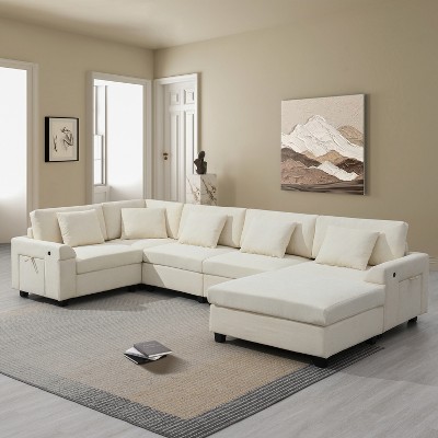 128"W U-Shaped Sectional Sofa, 6 Seat Chenille Couch Set with Ottoman, Hidden Armrest Storage, Cup Holders and USB Ports - ModernLuxe