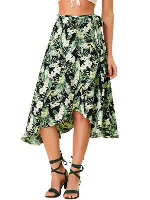 Allegra K Women's Tie Waist Hawaiian Tropical Floral Wrap Midi Skirt