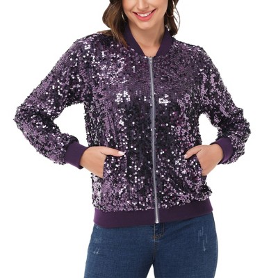 Anna-Kaci Women's Sequin Jacket Sparkle Long Sleeve Front Zip Casual Blazer Bomber Jacket With Pockets