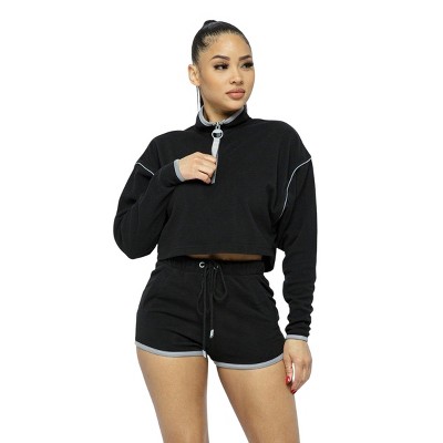 Slickblue Women's Activewear Set, Sporty Crop Top with Zipper & High-Waist Shorts, Casual Style, Black, Size S-L
