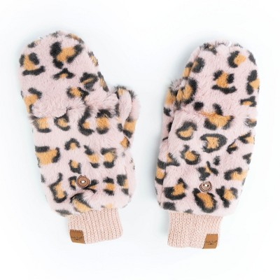 Britt's Knits Womens Winter Leopard Print Plush Vegan Fur Cuffed Lined Mittens Gloves