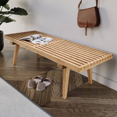 LeisureMod 48" Mid-Century Modern Slatted Wood Entry Bench, Indoor Accent Seating for Hallway or Bedroom