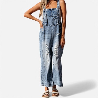 Amaryllis Women's Distressed Denim Overalls Wide-Leg Relaxed Fit Adjustable Straps Casual Vintage-Inspired