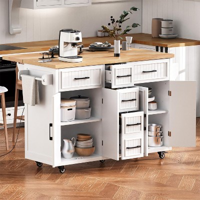 ELJGET Kitchen Island with Storage Rolling Kitchen Cart with Power Outlet Storage Cart with 4 Doors, 5 Deep Drawers & Adjustable Shelves