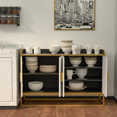 Vynxaria Modern Kitchen Buffet Storage Cabinet: Glossy Cupboard with Metal Legs for Living Room and Kitchen, Stylish and Functional (Black).