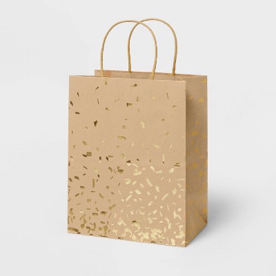 Gold Foil Specks Brown Small Gift Bag - Spritz™: Paper, 9.75" H, 7.75" W, 4.75" D, Striped Pattern, All Occasions