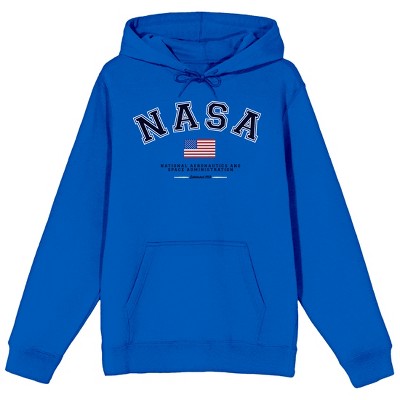 NASA American Flag Logo Long Sleeve Royal Blue Adult Hooded Sweatshirt