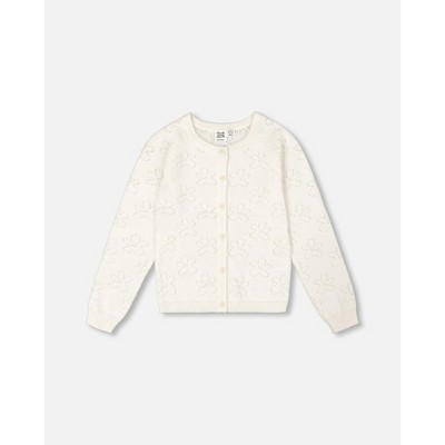 Deux par Deux Girl Pointelle Knit Cardigan Sweater White