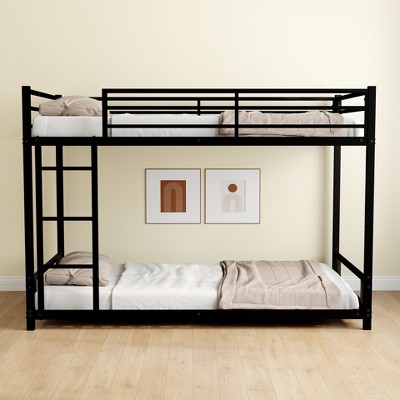 Okak Twin over Twin Metal Loft Bunk Bed Heavy Duty Bedframe with Ladder & Safety Guardrail for Adults Teens Noise Reduced Easy Assemble, Black