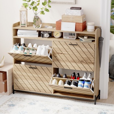 Shoe Storage Cabinet With 4 Flip Drawers, Narrow Shoe Rack Cabinet Organizer, Wood 38.77in H