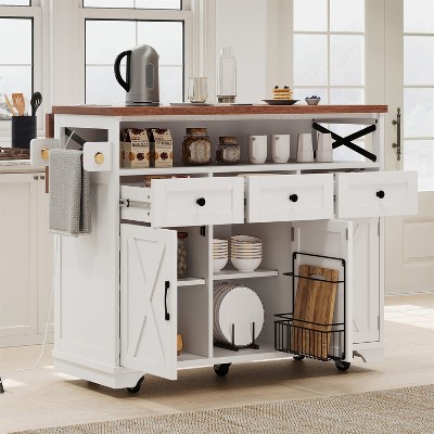 ELJGET Kitchen Island with Storage Rolling Kitchen Cart with Power Outlet Storage Cart with Drop Leaf, 3 Doors, 3 Drawers & Internal Iron Shelf