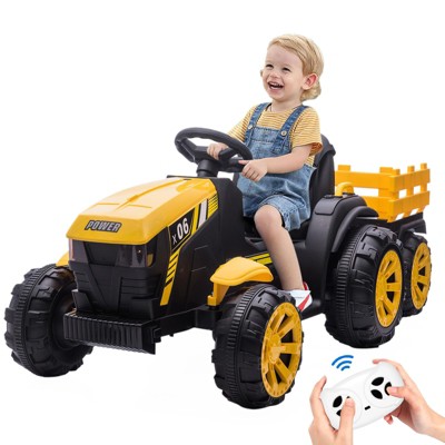 12V Kids Ride On Tractor with Trailer, Battery Powered Electric Vehicles Toy with 35W Dual Motors