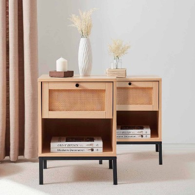 Nestl Rattan Nightstand End Table with Drawer, Bedside Table with Open Shelf for Bedroom Essentials