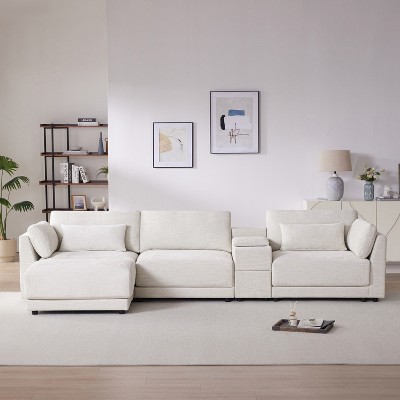 124"W Modular Sectional Sofa with Storage Console and Movable Ottoman, 4-Seat L Shaped Couch Reversible Sofa with Charger, Beige/Gray-ModernLuxe