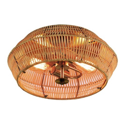 C Cattleya 2-Lights Incandescent Antique Brass Flush Mount Ceiling Light with  Natural Rattan Shade