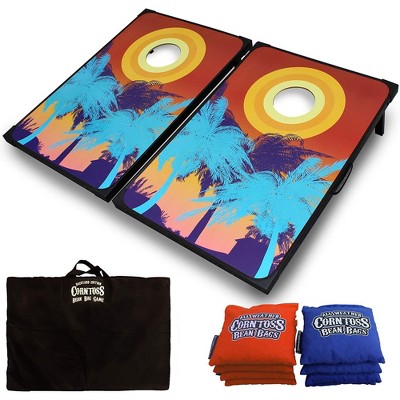 Driveway Games Weatherproof UV-Resistant Lightweight Tailgate Bean Bag Toss Board Cornhole Set w/4 Blue & 4 Orange Bags & Portable Carry Bag, Tropical