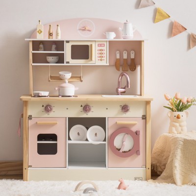ROBOTIME Kids Wooden Kitchen Play Set Pretend Playset Toy with Play Cooker for Girls Boys Age 3+