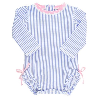 RuffleButts Baby Girls Seersucker Long Sleeve UPF50+ One Piece Rash Guard