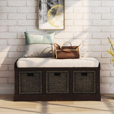 Okak Rustic Storage Ottoman Bench with Soft Removable Cushion Storage Footrest Stool Shoe Bench with 3 Removable Rattan Basket for Entryway, Espresso