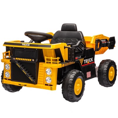 Qaba Kids Ride on Dump Truck, 12V Ride on Electric Car UTV w/ Electric Dump Bed, Shovel, Spring Suspension Wheels, Music Player & Headlights