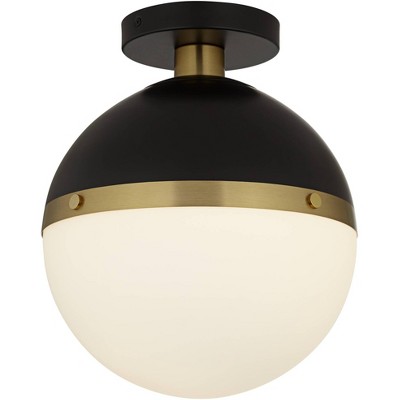 360 Lighting McGraw 10" Mid Century Modern Semi Flush-Mount Ceiling Light Fixture Kitchen Foyer Round Antique Brass and Black Finish White Glass